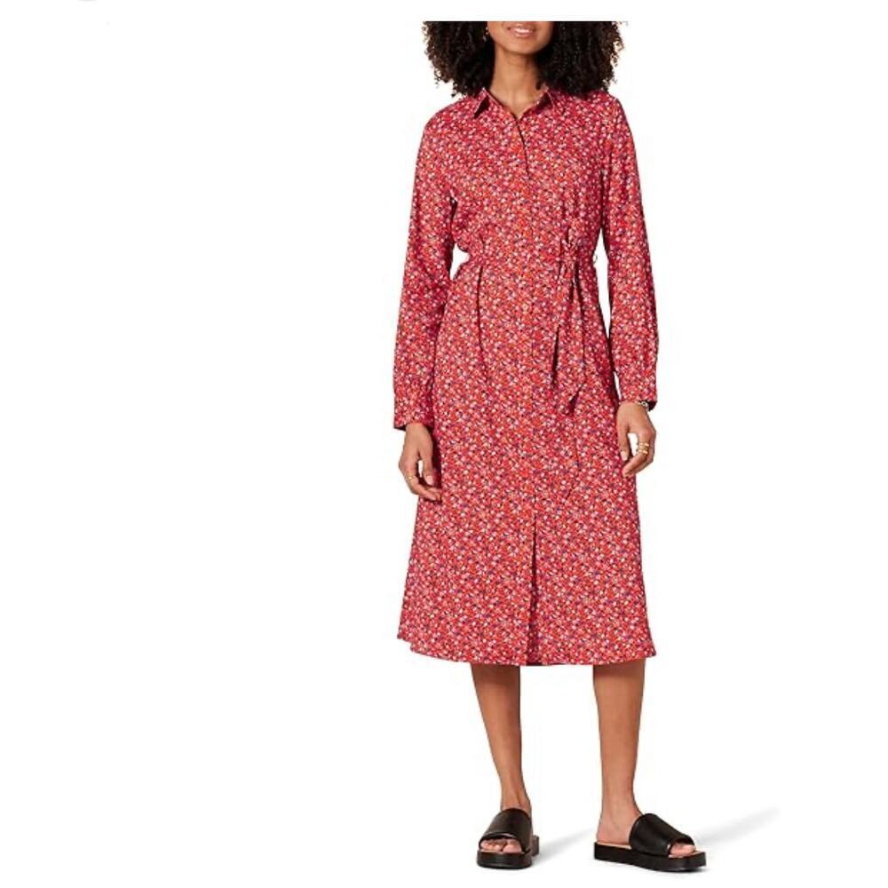 NWT Amazon Essentials Red Long Sleeve Floral Dress Tie Waist Size Medium